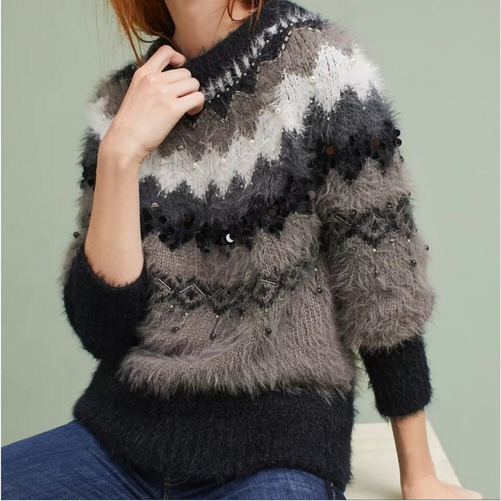 Anthropologie Black and Gray Crew Neck Sweater